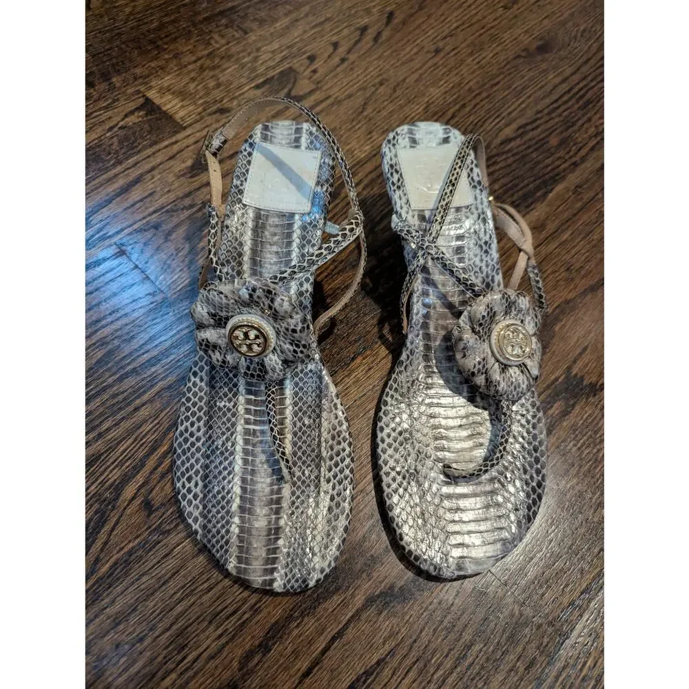 Tory Burch Snake Skin Flower Wedge Sandals